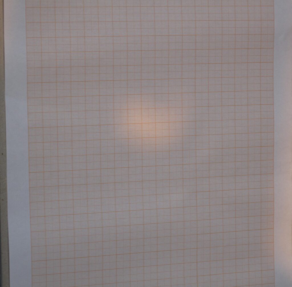 Getoond wordt het licht van de zon, op mm papier, nadat het door een 2,5 cm groot gat op een afstand van 5 meter is gegaan. Dit is heel bijzonder licht: het is (naast sterrenlicht) het enige licht op aarde dat, zolang het niet ergens tegen gereflecteerd wordt, niet de snelheid van de aarde met 30 km/s ten opzichte van de zon heeft meegekregen!